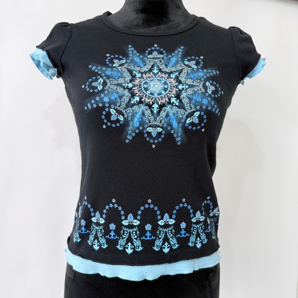 FANG Black Short Sleeve Tee with Blue Mandala and Trim